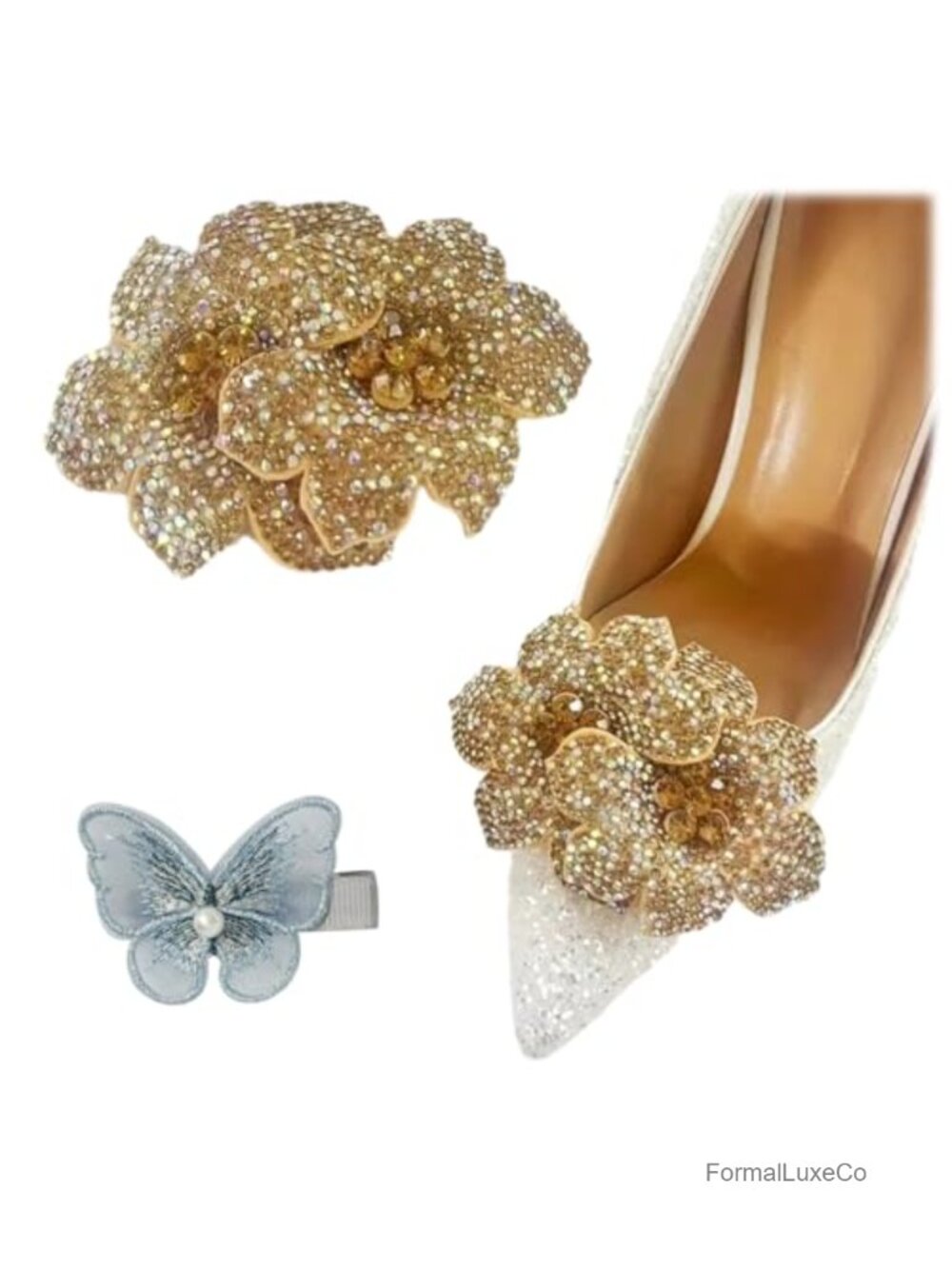 Rhinestone Shoe Clips Double Flower Shoe Embellishment Removable Buckle for